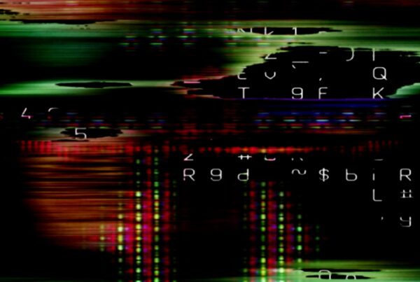Abstract 4K video loop glitch art with colorful distortions and text overlays.