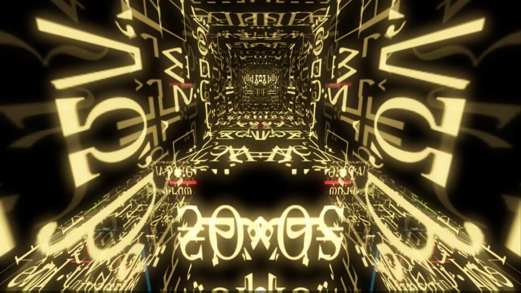 Free HD video loop of golden data text swirling endlessly in a dark tunnel.