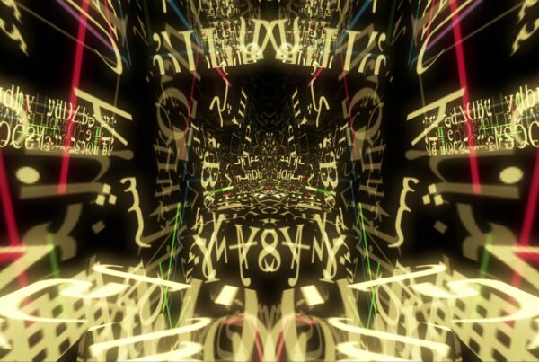 Abstract 4K video loop with glowing symbols and numbers floating in a dark, tunnel-like space, conveying a sense of mystery and digital complexity.