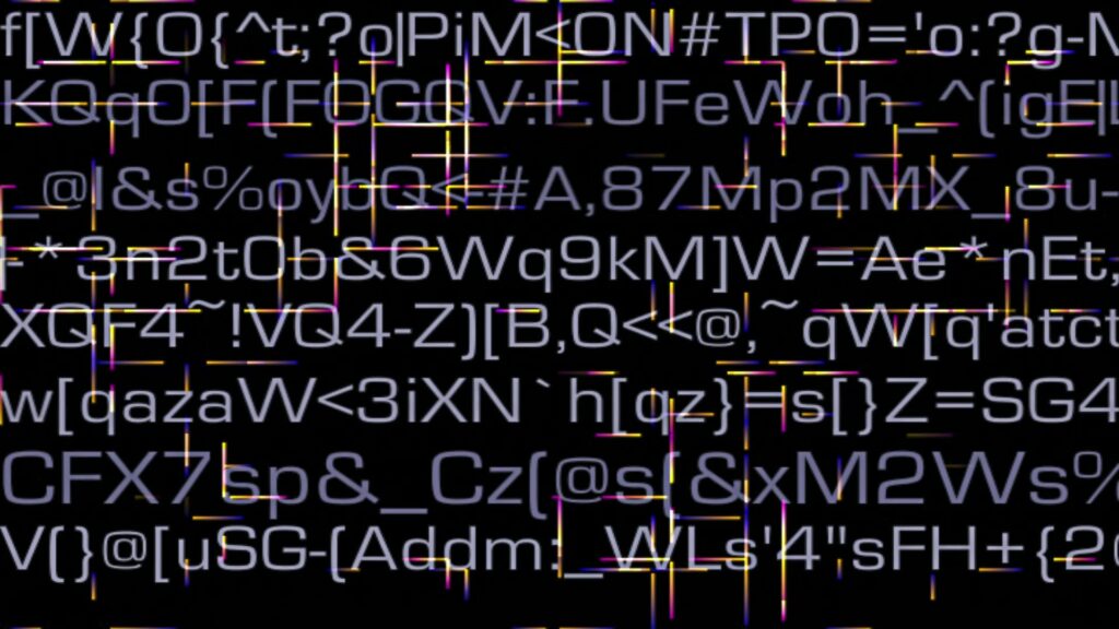 Abstract digital video loop featuring a chaotic arrangement of scrolling numbers, letters, and symbols with neon lines intersecting a dark background, evoking a sense of technological complexity.