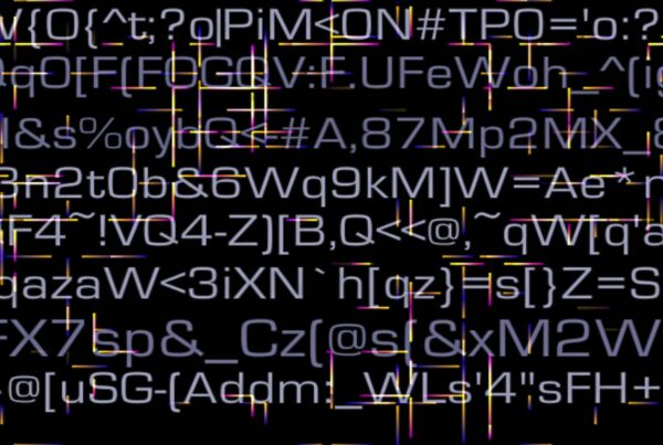 Abstract digital video loop featuring a chaotic arrangement of scrolling numbers, letters, and symbols with neon lines intersecting a dark background, evoking a sense of technological complexity.
