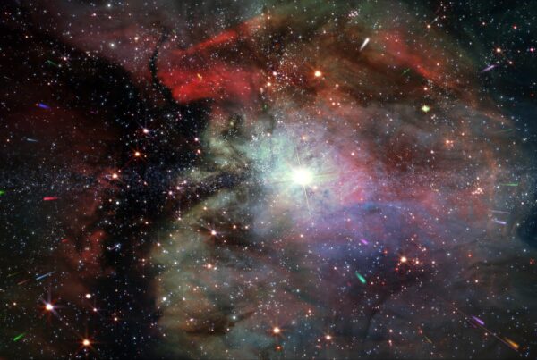 A dazzling galaxy filled with bright stars, swirling nebulas, and shooting meteor trails floating within deep-space darkness.