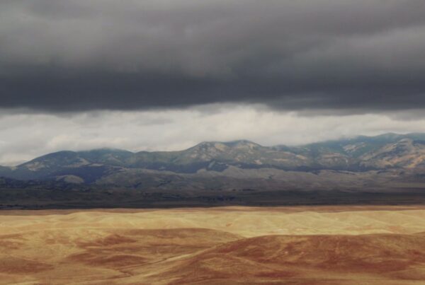 Dramatic landscape with golden rolling hills under stormy time-lapse clouds and distant mountains.