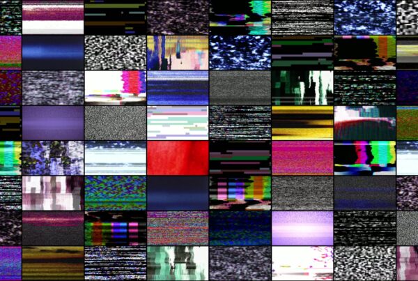 Looping video of a collage of colorful TV static and glitch patterns creating an abstract mosaic of digital interference.