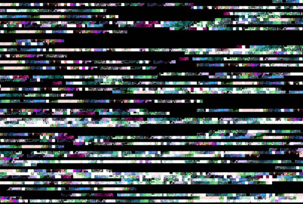 Glitch-inspired digital 4K video loop with colorful, pixelated patterns and black stripes reflecting modern technological themes.