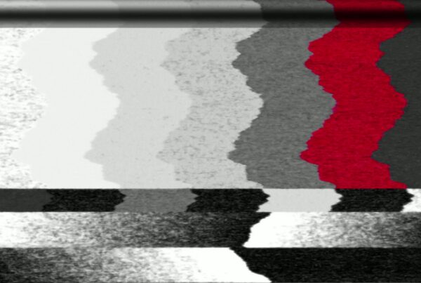 Abstract 4K looping video with static interference and a central vertical red line creating a striking contrast against grayscale television-like video background.