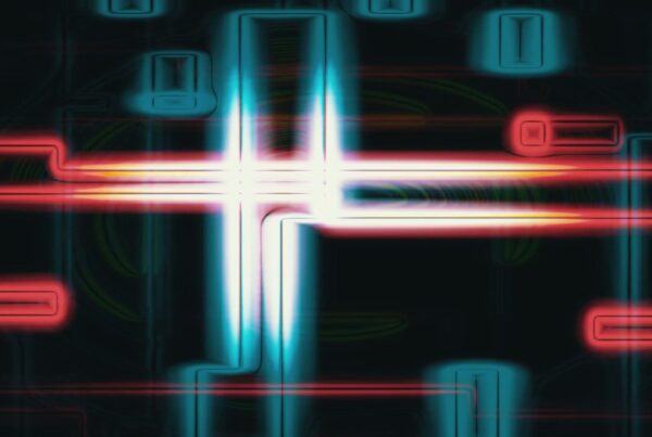 An abstract digital video loop showing a blend of neon colored lines against a dark background.