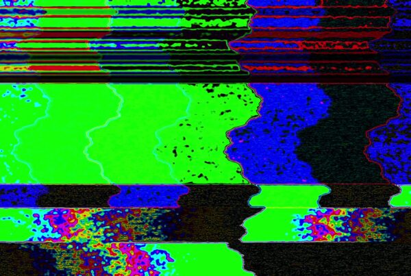 A vibrant digital glitch art video loop featuring abstract horizontal lines, undulating forms, and dynamic colors such as red, green, blue, and purple, creating a mesmerizing and chaotic visual effect reminiscent of distorted digital signals.