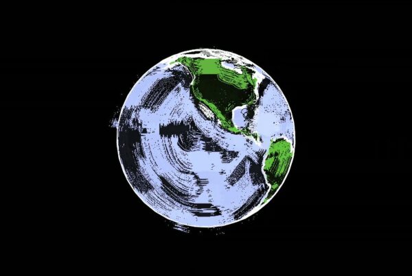 An abstract digital animation loop of a rotating Earth, with vibrant green continents and blue oceans animated in scribble, set against a contrasting black background.