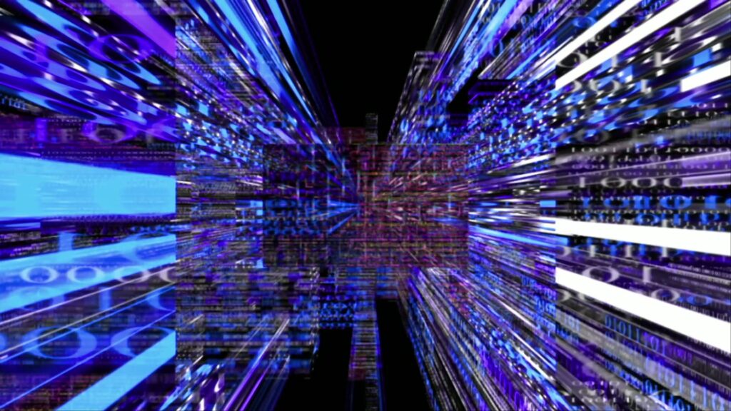 A vibrant digital video loop of a data tunnel in shades of blue and purple, animating binary code and technology in a futuristic abstract design.