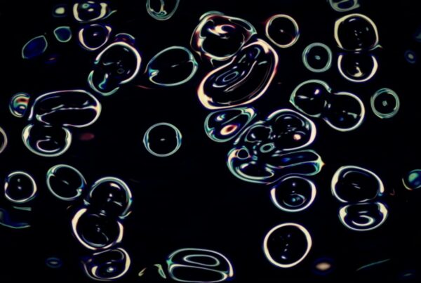 A vibrant abstract looping video featuring luminous, colorful bubble-like shapes with swirling patterns against a dark background.