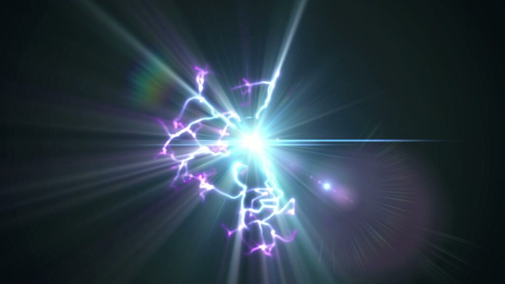 A bright and dynamic burst of digital light with electric purple and blue animating tendrils against a dark video background, depicting a vibrant energy or cosmic phenomenon.