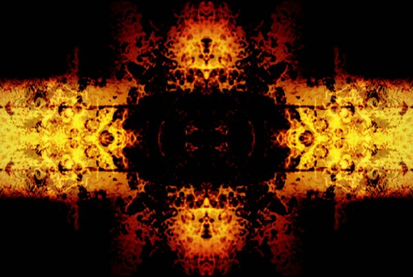 Abstract symmetrical 4K Video Loop artwork with vibrant, grungy oranges and yellows against a dark background, creating a dramatic and fiery animation.