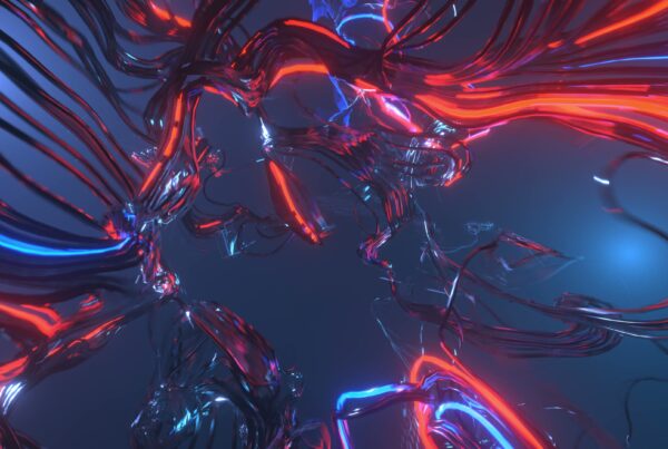 The 4K video animation displays a complex and mesmerizing network of glowing, intertwined strands. Dominated by electric shades of red and blue, the shapes twist and intertwine, creating dynamic visual effects. The glossy texture of the strands reflects light, adding depth and dimension to the composition. The background is a soft, muted blue, enhancing the vibrancy of the neon colors in the foreground. The abstract nature of the video suggests chaos and energy, resembling a digital interpretation of flowing matter or neural pathways. The interplay of light and color creates a futuristic and captivating aesthetic.