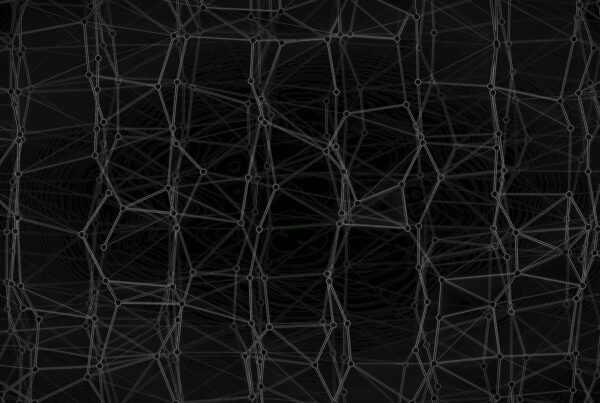 This animation loop presents a complex web of interconnected lines and nodes against a dark background.