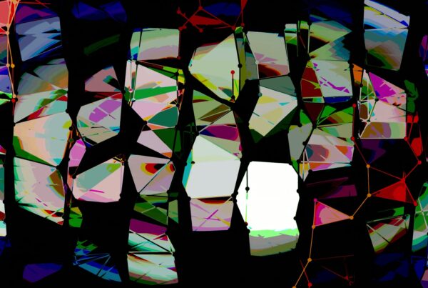 Vibrant abstract geometric art video loop with interconnected shapes and colorful palette on a black background.