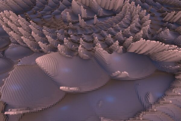 Abstract digital video animation with pixelated voxel formations, showcasing a harmonious blend of pink and blue hues, resembling geometric mountainous terrains.