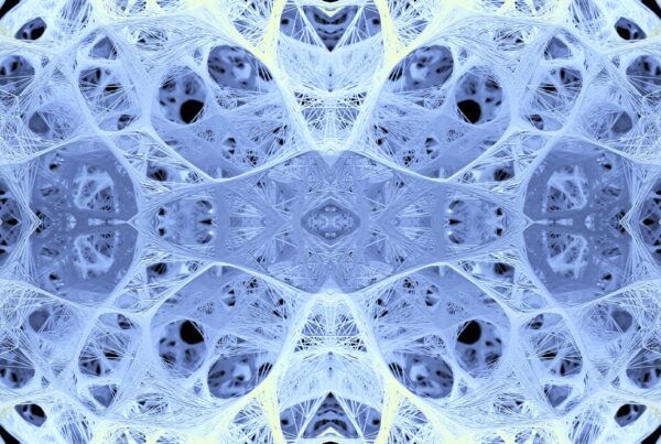 An intricate, 4K video animation of a symmetrical network design in cool blue hues showcasing intricate geometric and organic patterns.