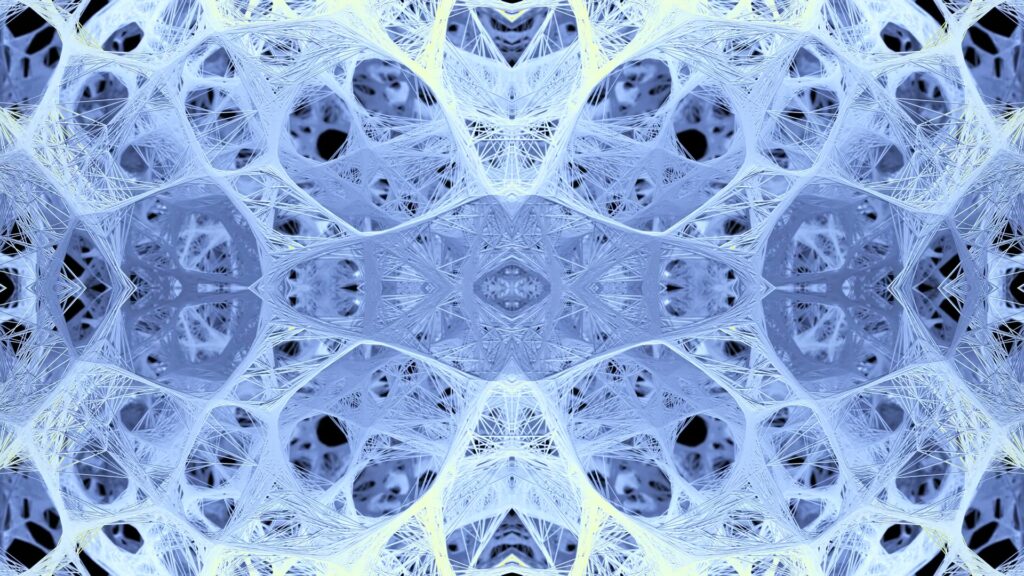 Intricate abstract video pattern resembling a neural network with blue tones, showcasing complex lattice and symmetrical design.