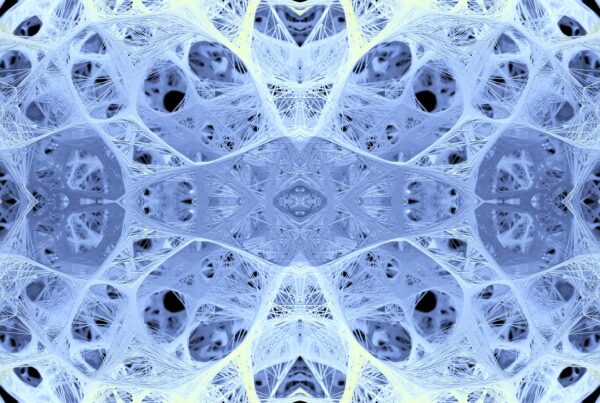 Intricate abstract video pattern resembling a neural network with blue tones, showcasing complex lattice and symmetrical design.