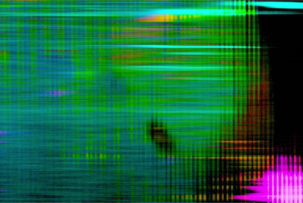 Abstract digital art video loop with vibrant green, blue, and pink hues, featuring intersecting lines creating a dynamic grid-like pattern.