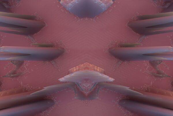 Symmetrical abstract digital video loop featuring pink and purple crystalline structures with a glossy texture and intricate geometric patterns.