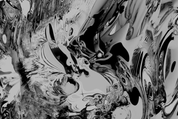 Abstract grayscale fluid art animation featuring flowing dark and light waves resembling cosmic turbulence.