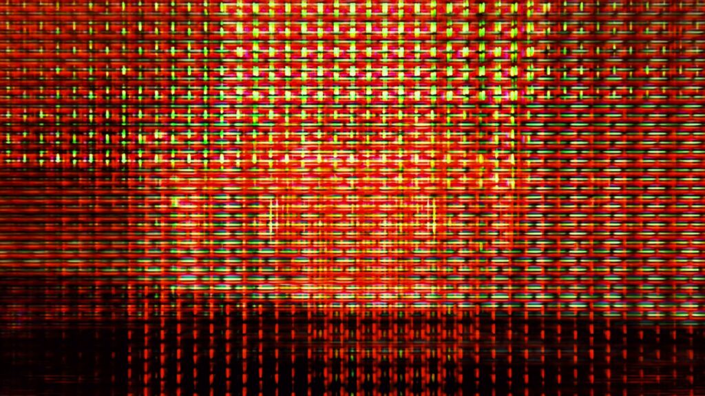 Abstract digital glitch art video loop with vibrant red, green, and yellow intersecting lines forming a colorful grid pattern.