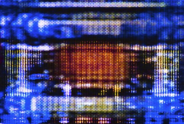 The 4K video loop presents mesmerizing digital glitch effects with vivid blue and orange hues dominating the scene as vertical streaks pulse across the screen like corrupted data streams or pixelated waves.