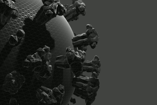 Dark 4k video low-poly abstract sphere with protruding structures in a monochromatic black and grey color scheme.