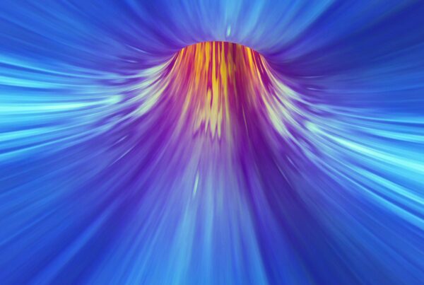 Abstract video loop with flickering blue and purple lines converging into a warm orange center.