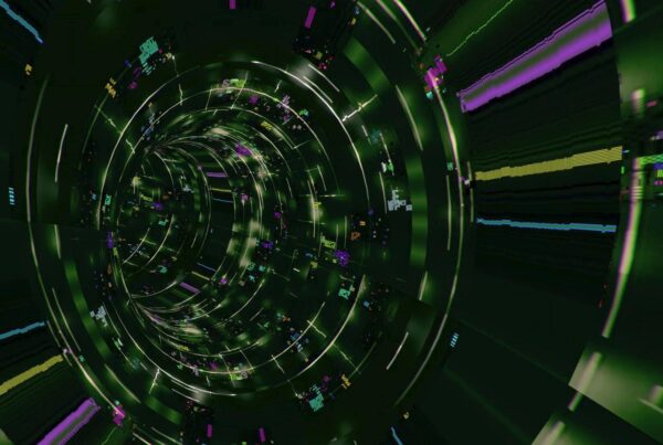 Futuristic looping video of a digital tunnel with glowing green light and pixelated patterns.