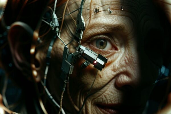 The video loop depicts a close-up of a human face with intricate mechanical components surrounding it.