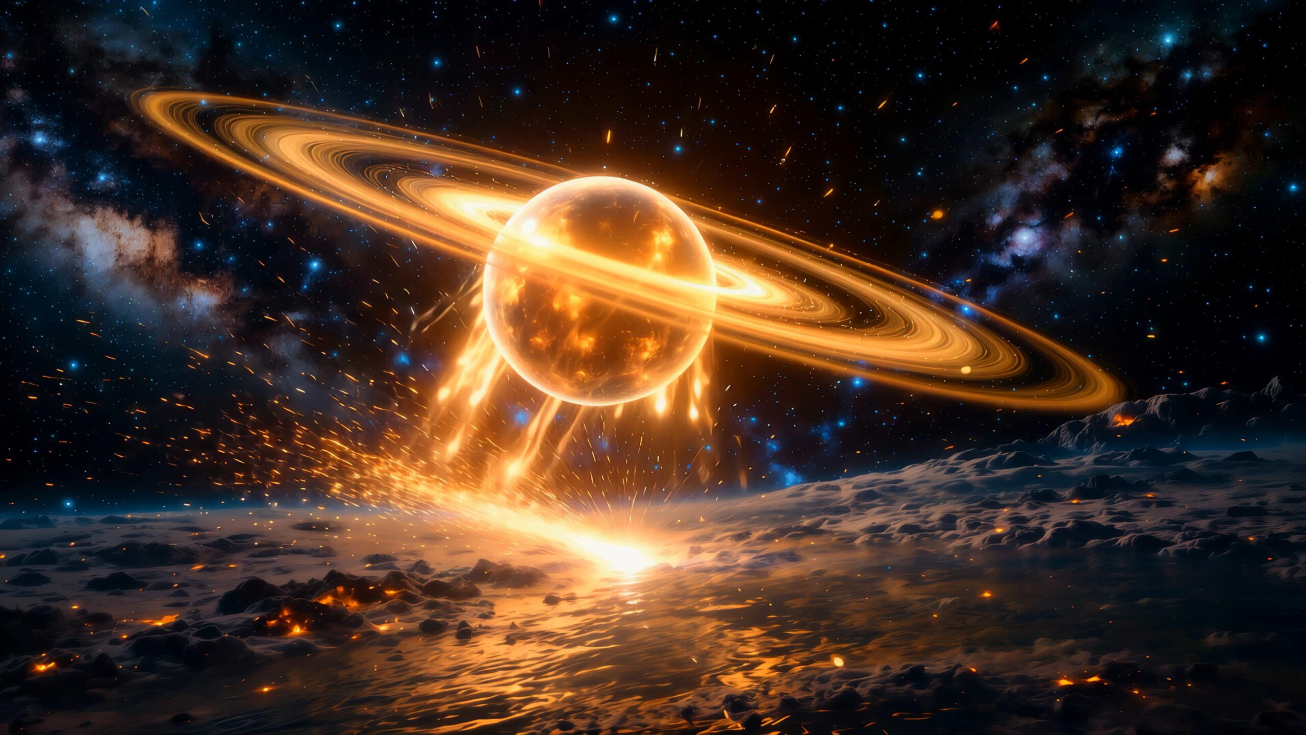 Cosmic Firefall Over Frozen World 4K Video