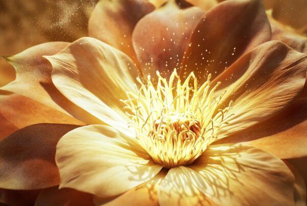 Close-up 4K video of a luminous golden flower opening with sparkling, pollination particles.