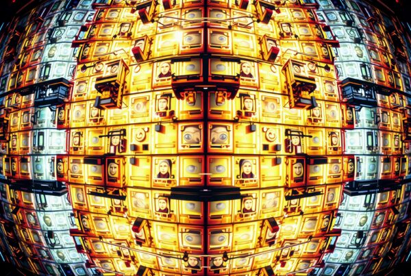 Vintage TVs forming giant spherical display with diverse faces