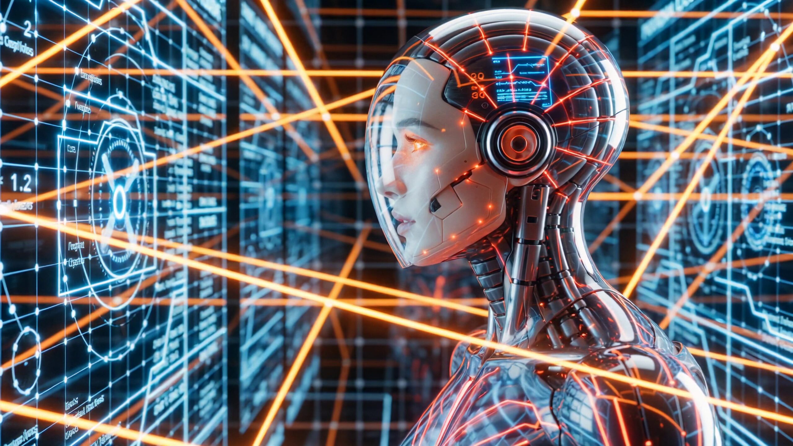 Futuristic Robot amidst Digital Interfaces 4K Video