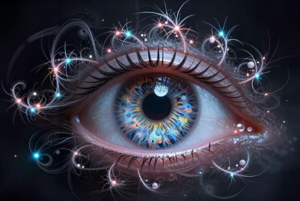 Surreal artistic close-up of glowing futuristic eyeball surrounded by sparkling energy particles