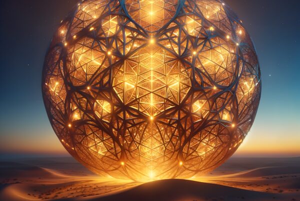 A glowing geometric sphere in a desert landscape during twilight.