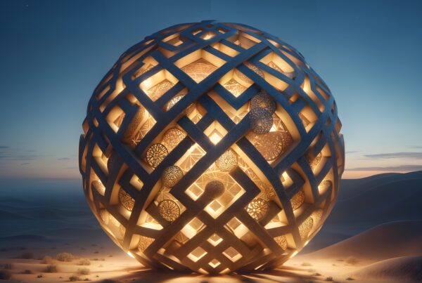 A glowing spherical lattice structure illuminates the desert landscape under a twilight sky.