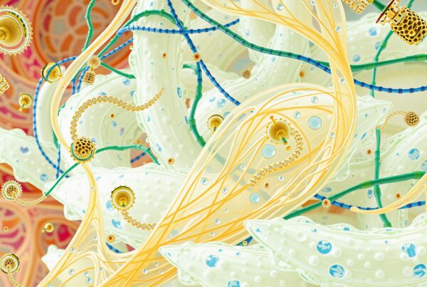 Vibrant abstract shapes, intricate design, interconnected patterns, dynamic energy.
