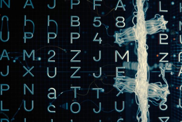 Futuristic digital interface with 3D letters and wires.