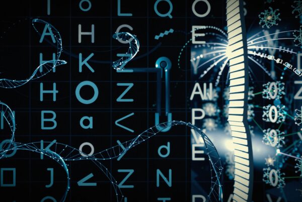 Futuristic digital artwork featuring intertwining DNA strands and symbols against a high-tech background.