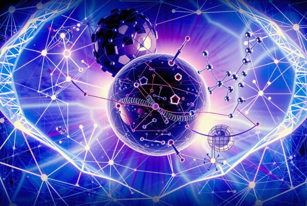 Futuristic digital illustration of molecular networks and structures.
