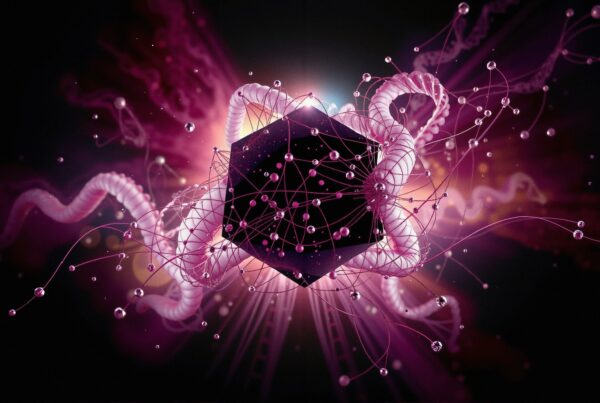 Futuristic digital artwork with glowing tendrils surrounding a geometric cube.