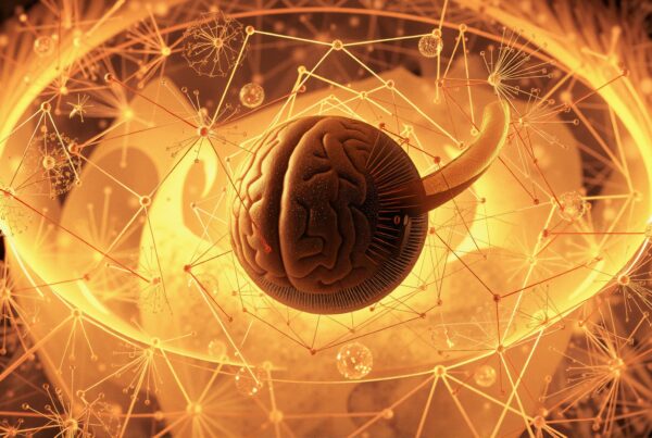 Digital illustration of a human brain surrounded by interconnected glowing orange lines and nodes, representing neural connections and brain activity in a futuristic style.