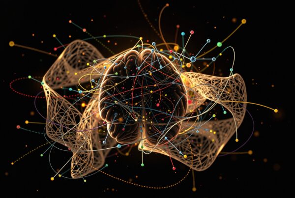 Complex abstract brain with colorful neural network pattern.