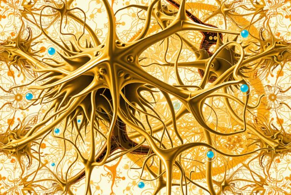 An intricate abstract design with golden neural patterns and turquoise accents on an ornate background.