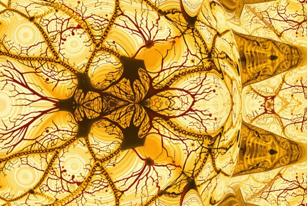 Abstract artwork featuring intricate gold and red patterns resembling neural networks on a canvas with concentric circles.