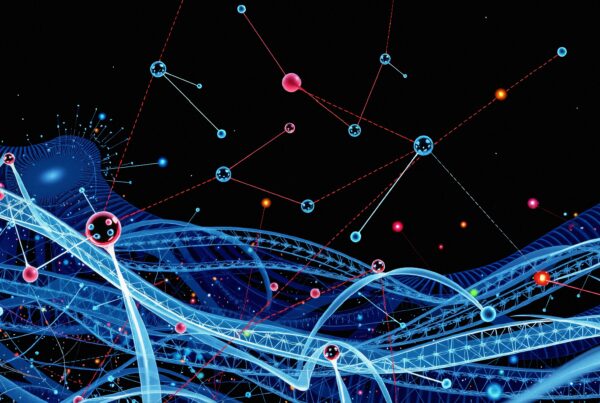 Digital artwork of interconnected molecules and networks, featuring vibrant blue and red lines against a black background, symbolizing technological connectivity.